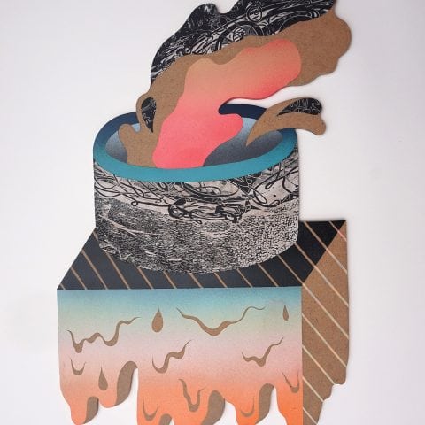 Mircea Popsecu Untitled, 2017 Airbrush, acrylic, collages and woodcut on wood panel Courtesy Jecza Gallery